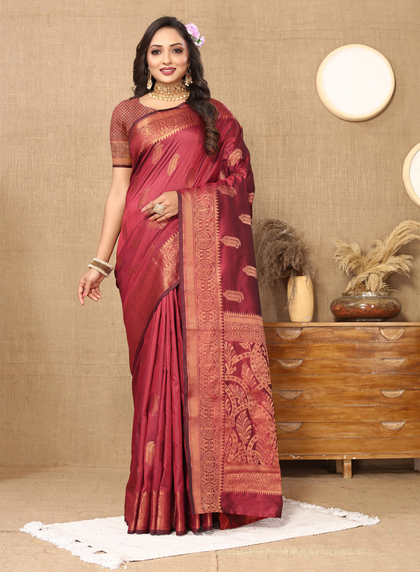 Maroon Soft Katan silk saree featuring detailed copper zari weaving