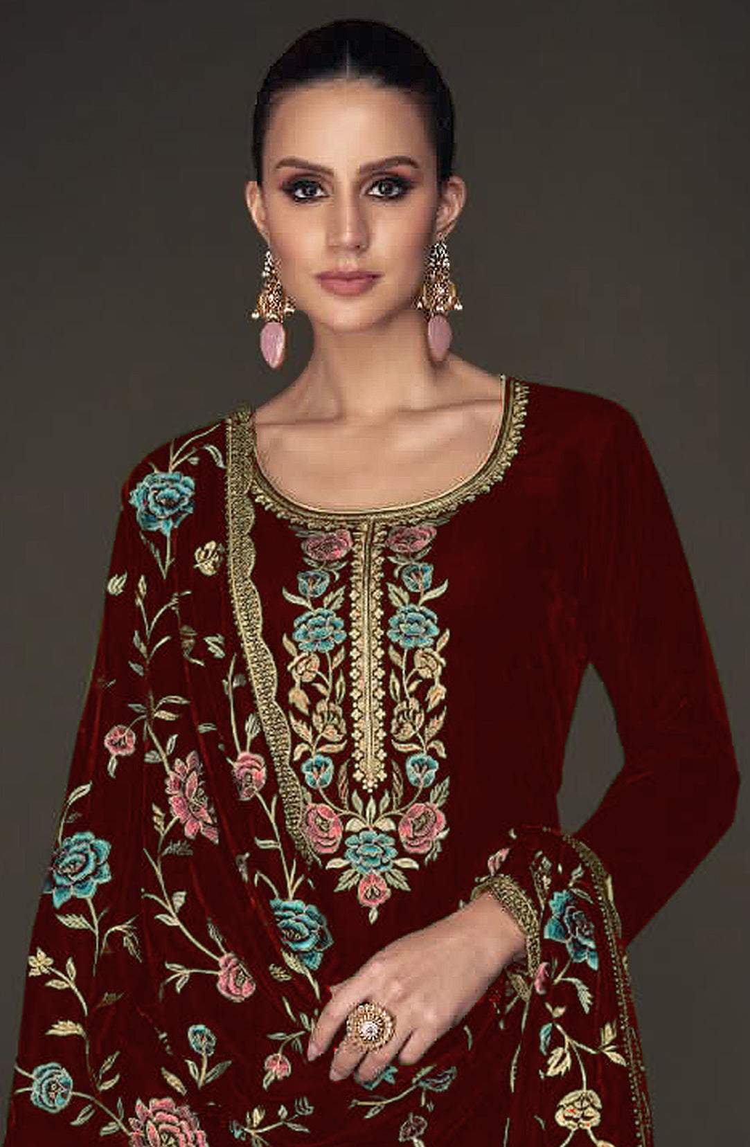Women Maroon Velvet Embroidered Salwar Suit Dress Material