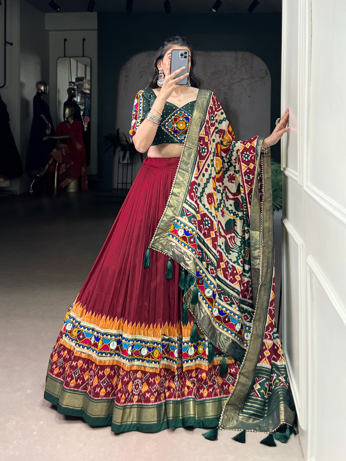 Maroon Tasar Silk Printed Lehenga Choli with Mirror & Foil Work