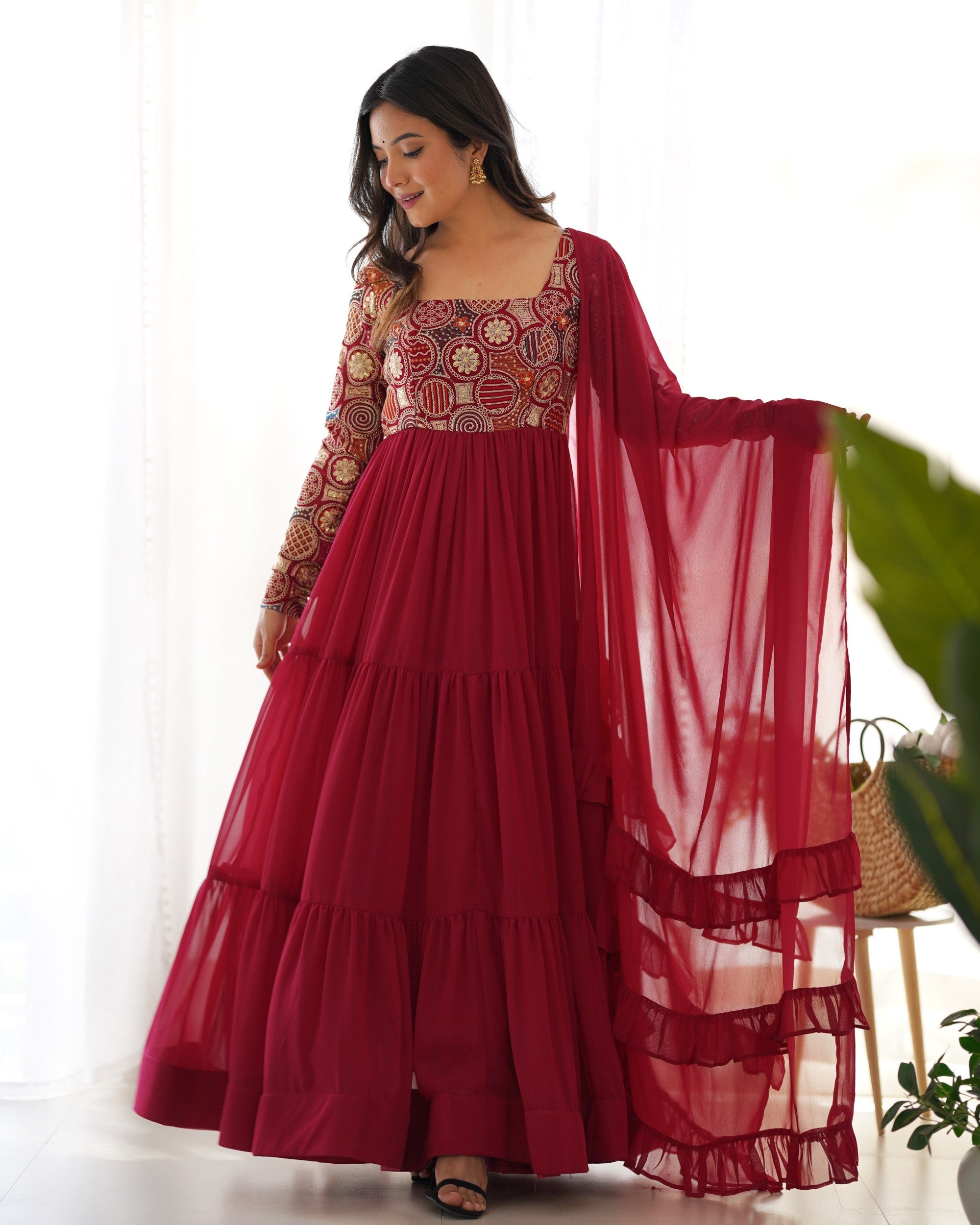 Maroon Faux Georgette Anarkali Suit with 9 Needle Thread Embroidery