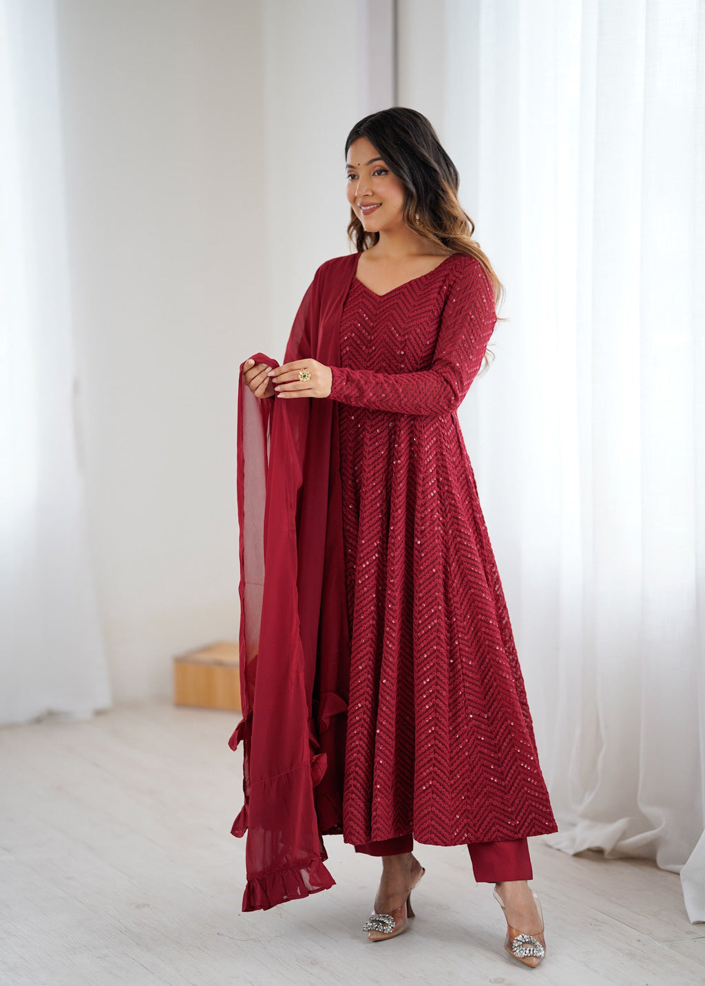 Maroon Faux Georgette Lucknowi Sequence Anarkali Kurta Pant Set
