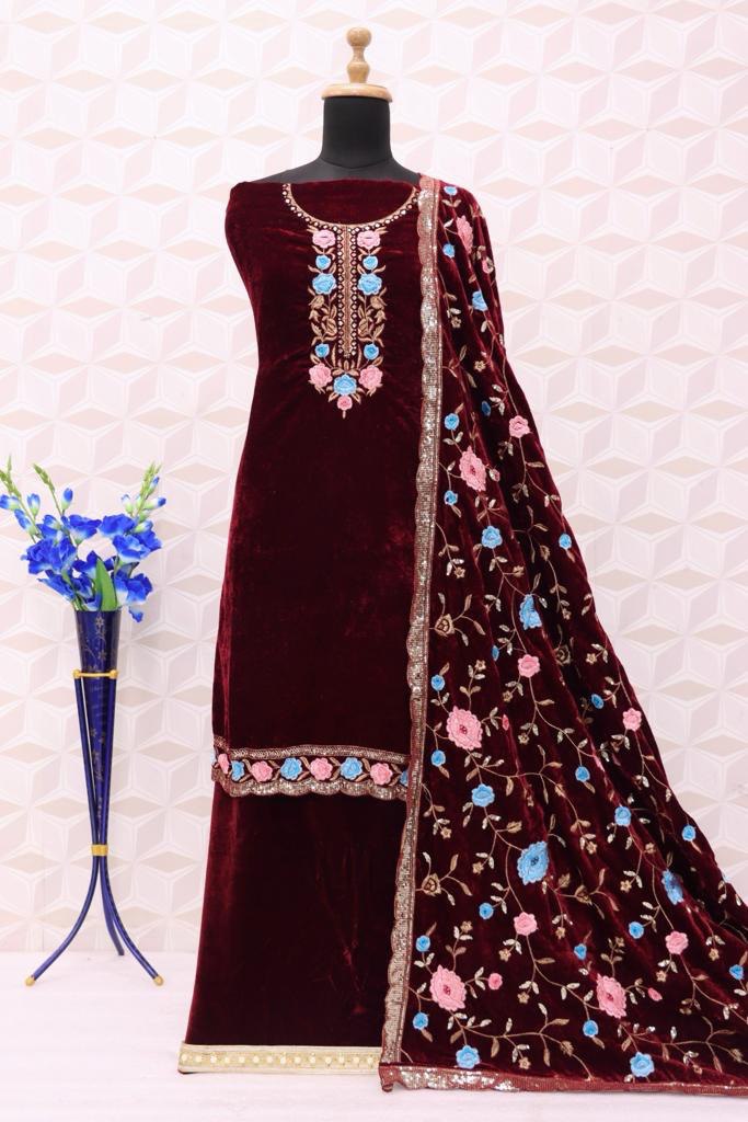 Women Maroon Velvet Embroidered Salwar Suit Dress Material