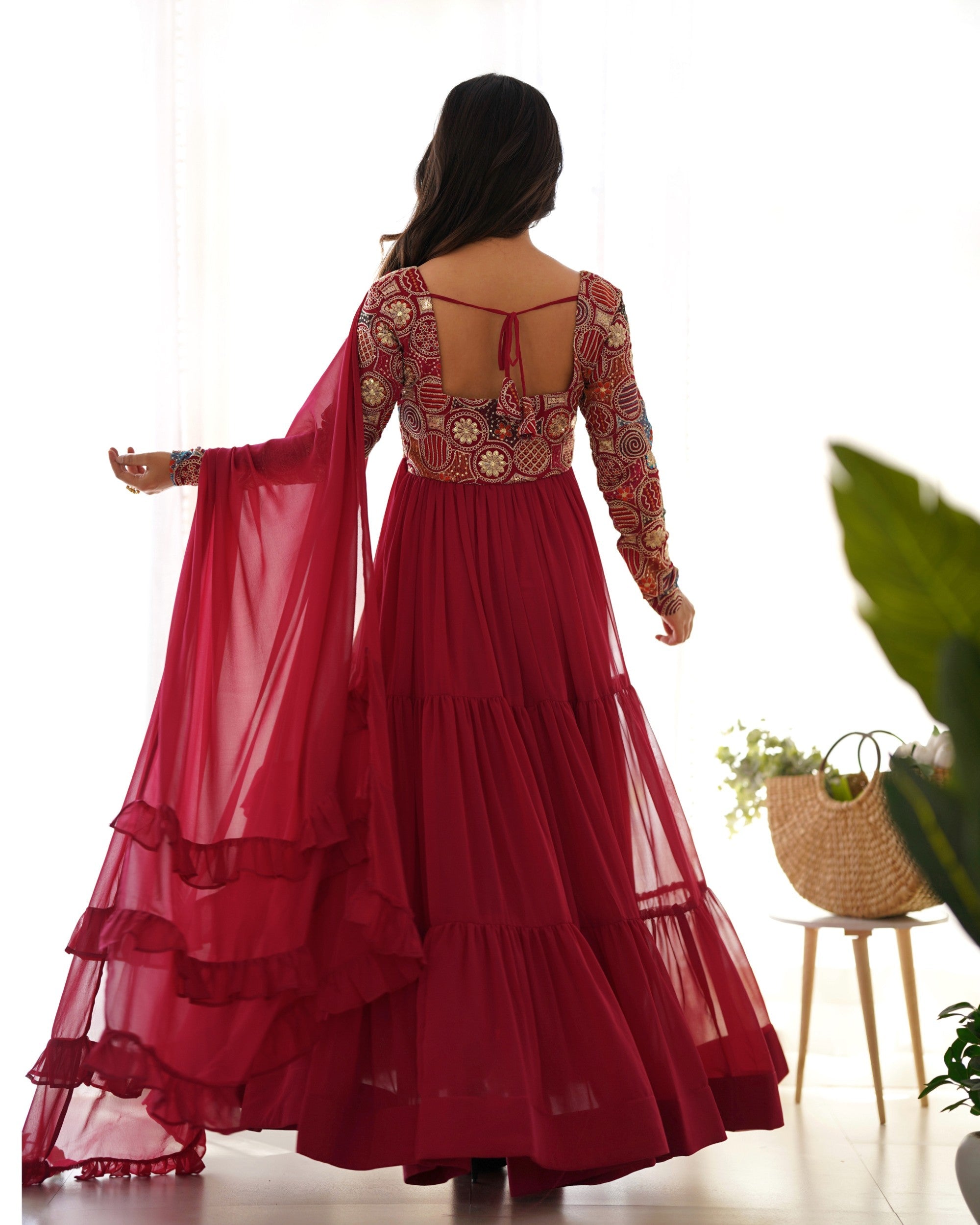 Maroon Faux Georgette Anarkali Suit with 9 Needle Thread Embroidery