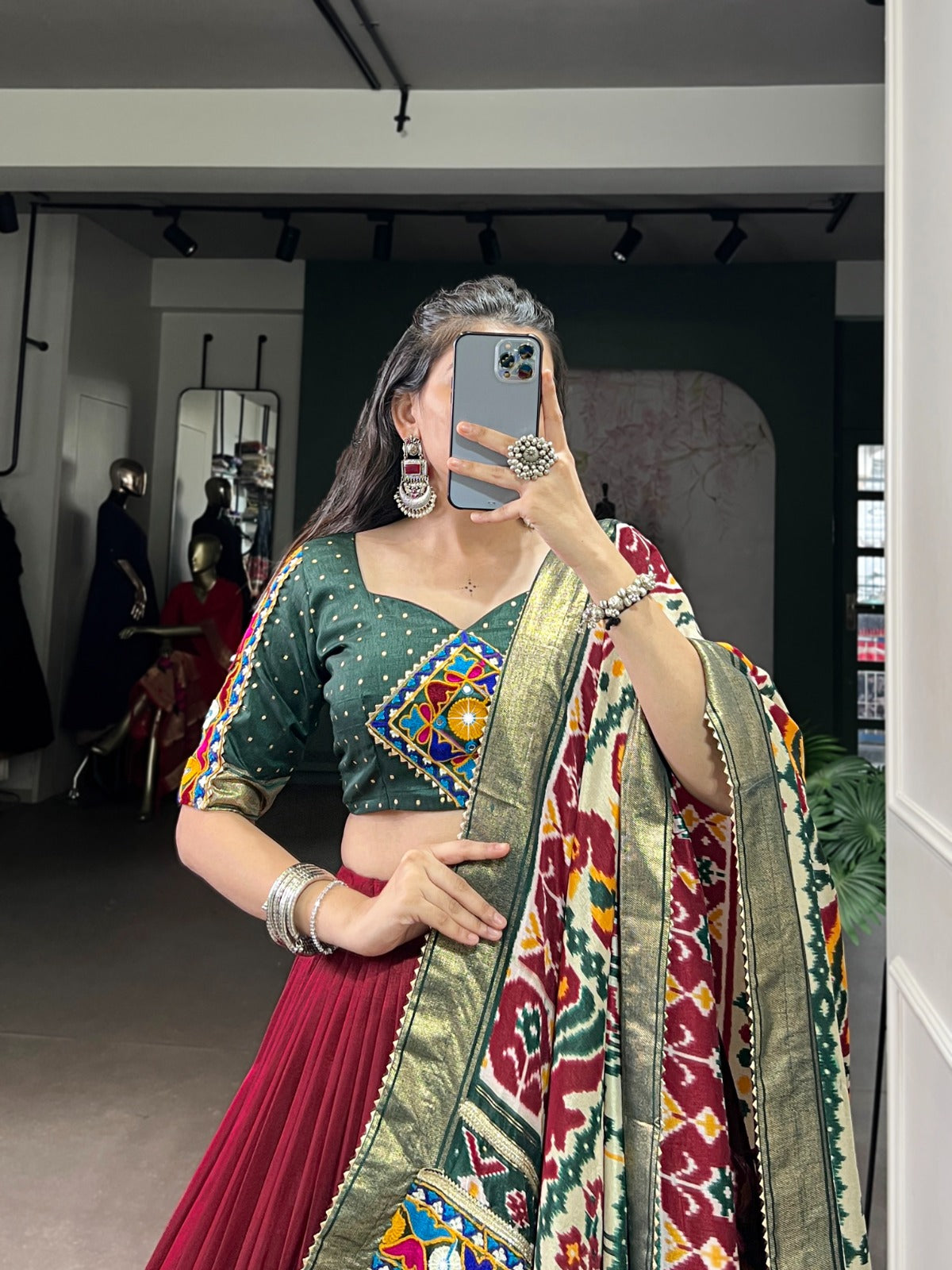 Maroon Tasar Silk Printed Lehenga Choli with Mirror & Foil Work