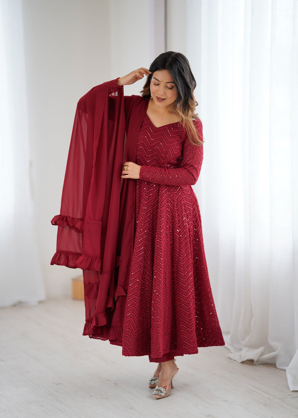 Maroon Faux Georgette Lucknowi Sequence Anarkali Kurta Pant Set