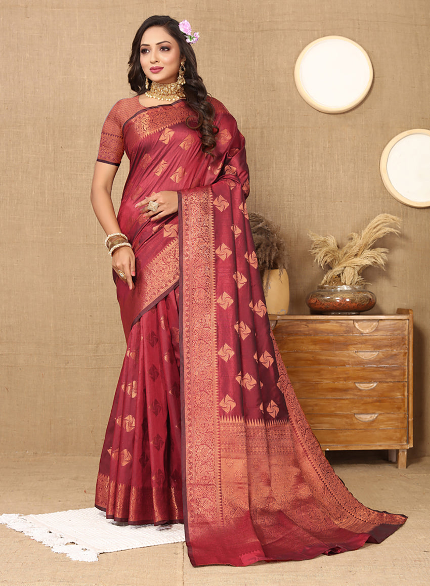 Maroon Soft Katan Silk Saree with Copper Zari Woven Design
