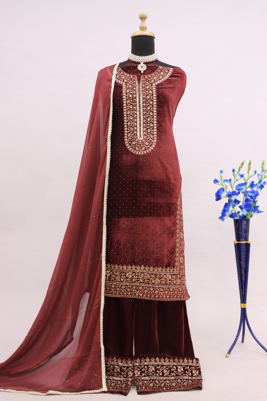 Maroon Velvet Embroidered Salwar Suit Material with Sequence Work