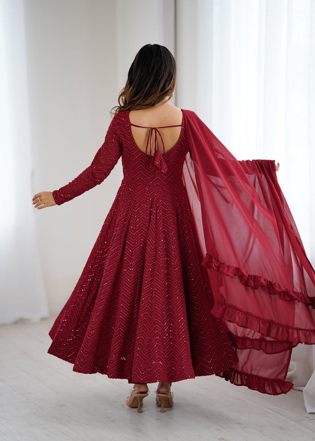 Maroon Faux Georgette Lucknowi Sequence Anarkali Kurta Pant Set