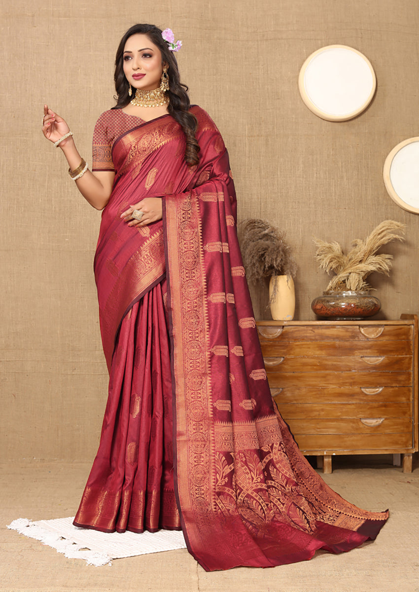 Maroon Soft Katan Silk Saree with Copper Zari Weaving