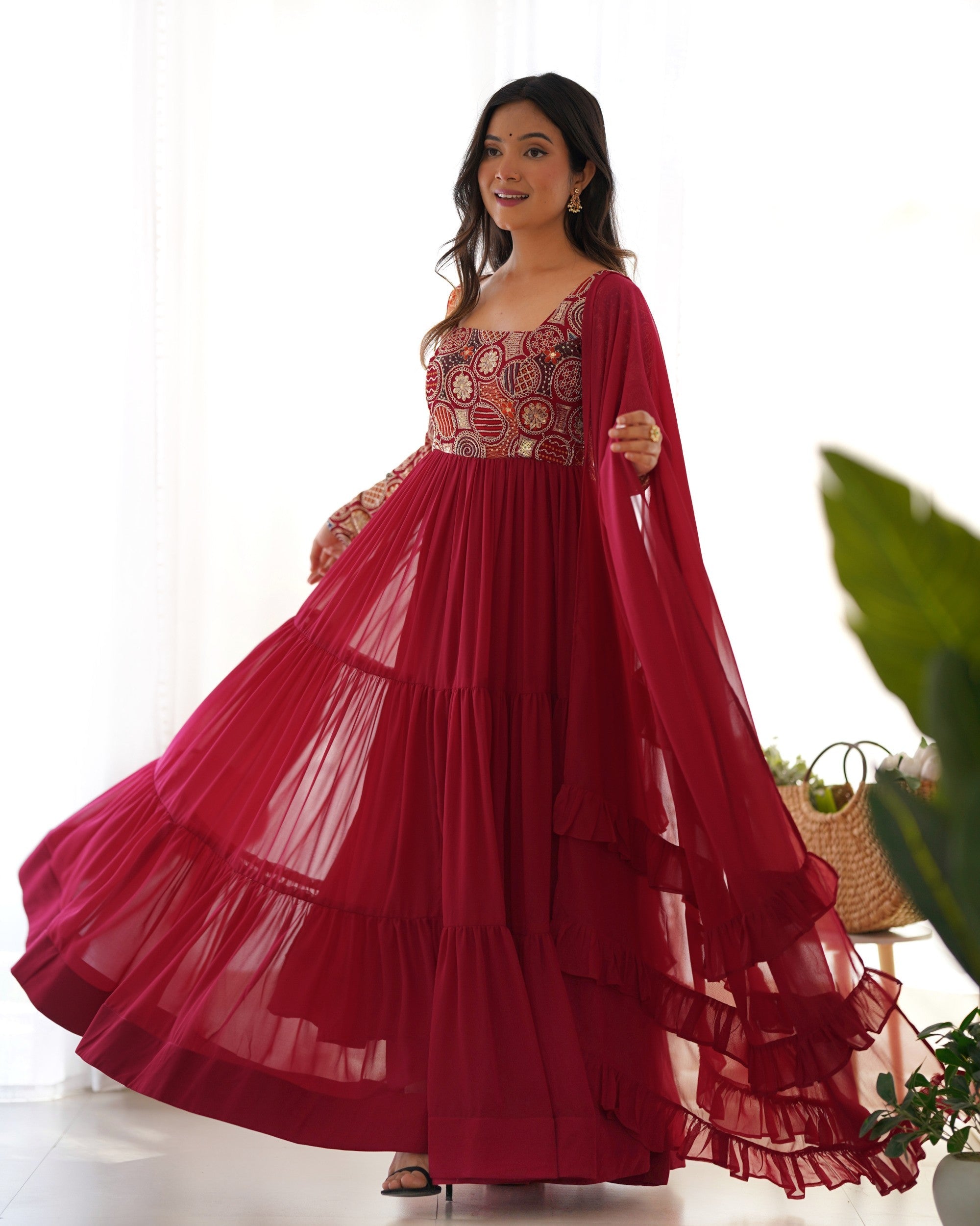 Maroon Faux Georgette Anarkali Suit with 9 Needle Thread Embroidery
