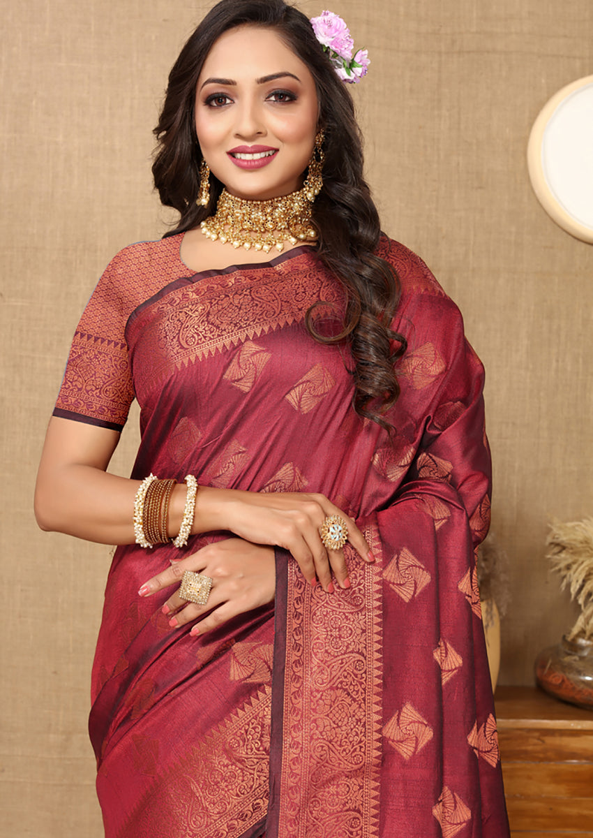 Maroon Soft Katan Silk Saree with Copper Zari Woven Design