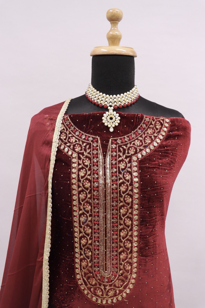 Maroon Velvet Embroidered Salwar Suit Material with Sequence Work
