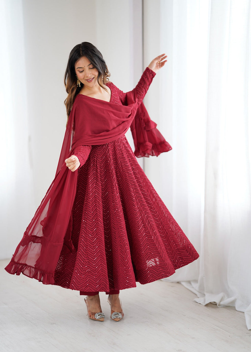 Maroon Faux Georgette Lucknowi Sequence Anarkali Kurta Pant Set