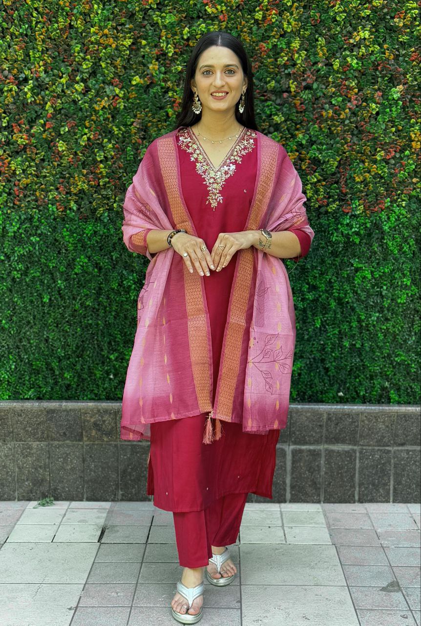 Maroon Roman Silk Kurta Set with Hand Work and Dupatta