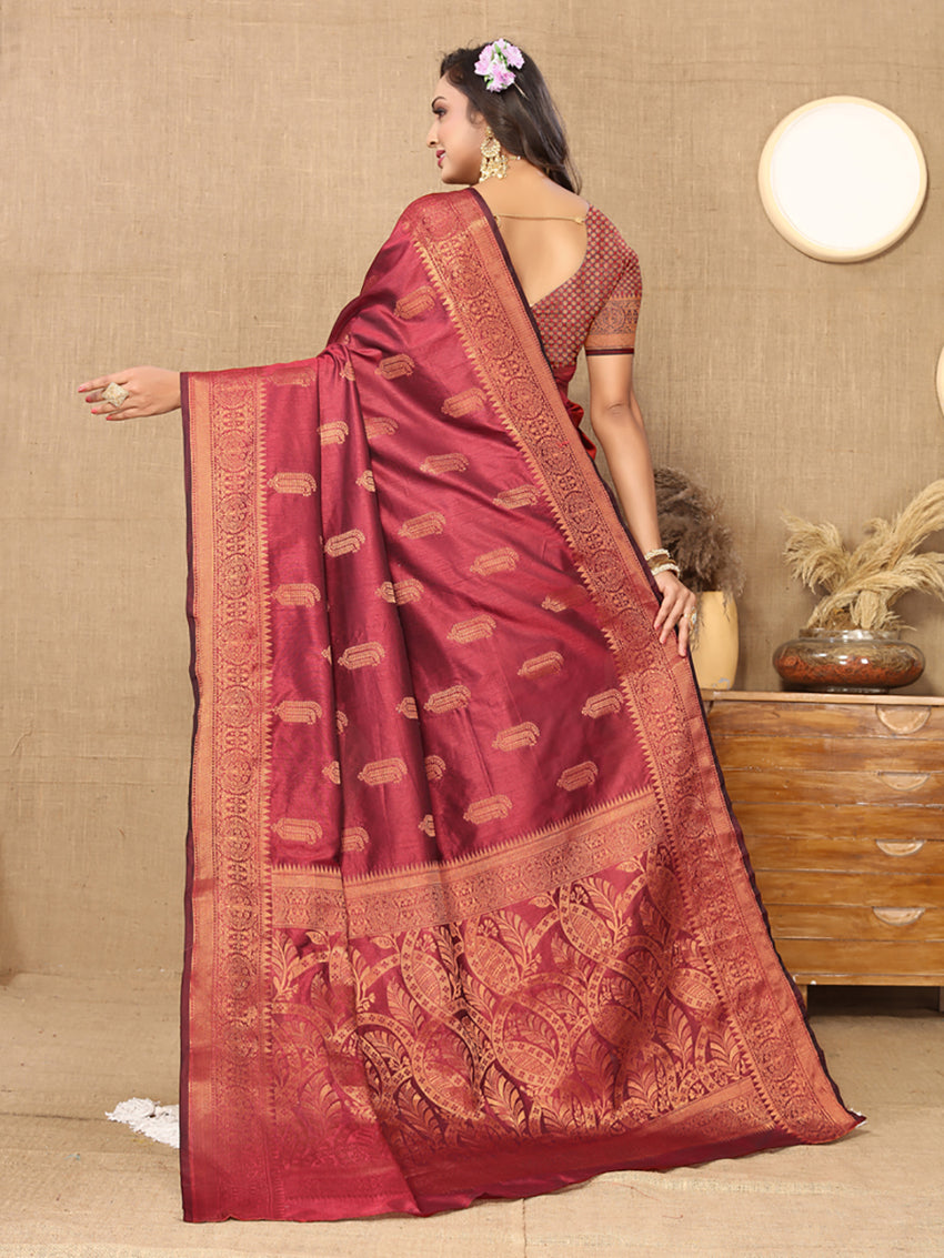 Maroon Soft Katan Silk Saree with Copper Zari Weaving