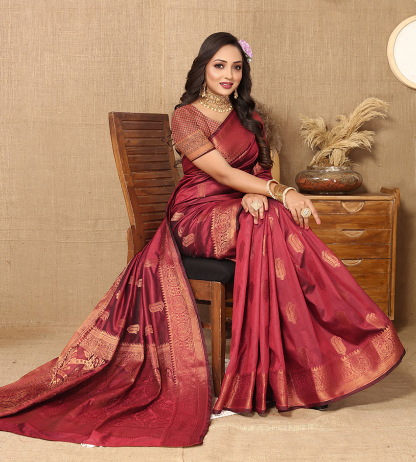 Maroon Soft Katan Silk Saree with Copper Zari Weaving