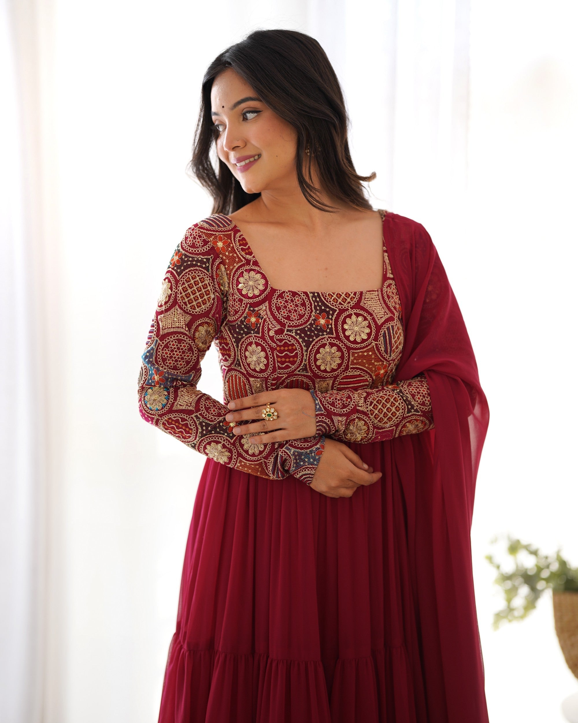 Maroon Faux Georgette Anarkali Suit with 9 Needle Thread Embroidery