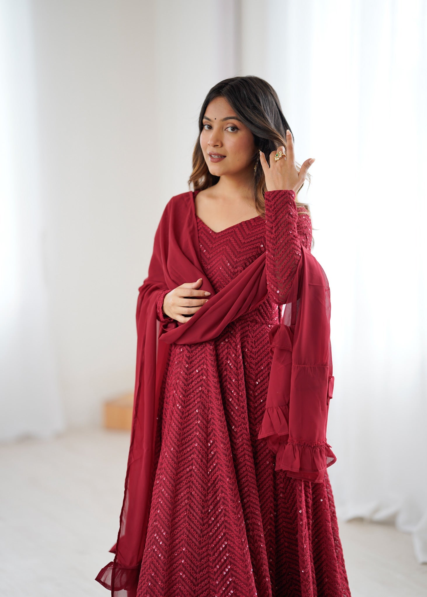 Maroon Faux Georgette Lucknowi Sequence Anarkali Kurta Pant Set