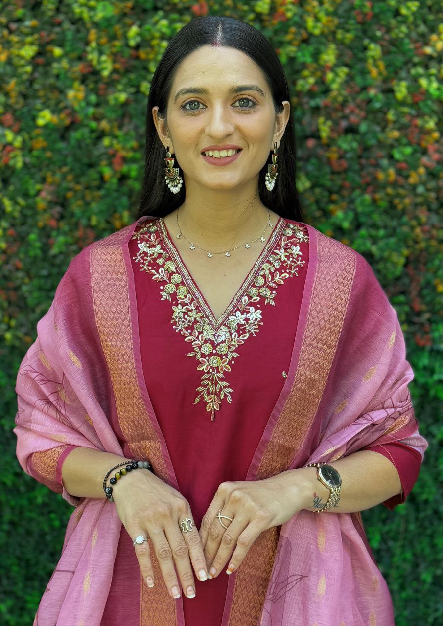 Maroon Roman Silk Kurta Set with Hand Work and Dupatta