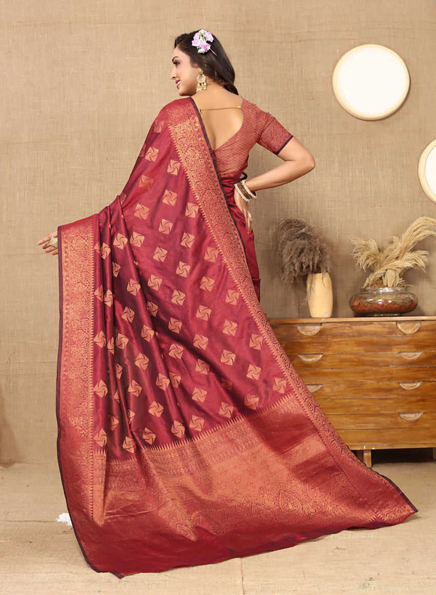 Maroon Soft Katan Silk Saree with Copper Zari Woven Design