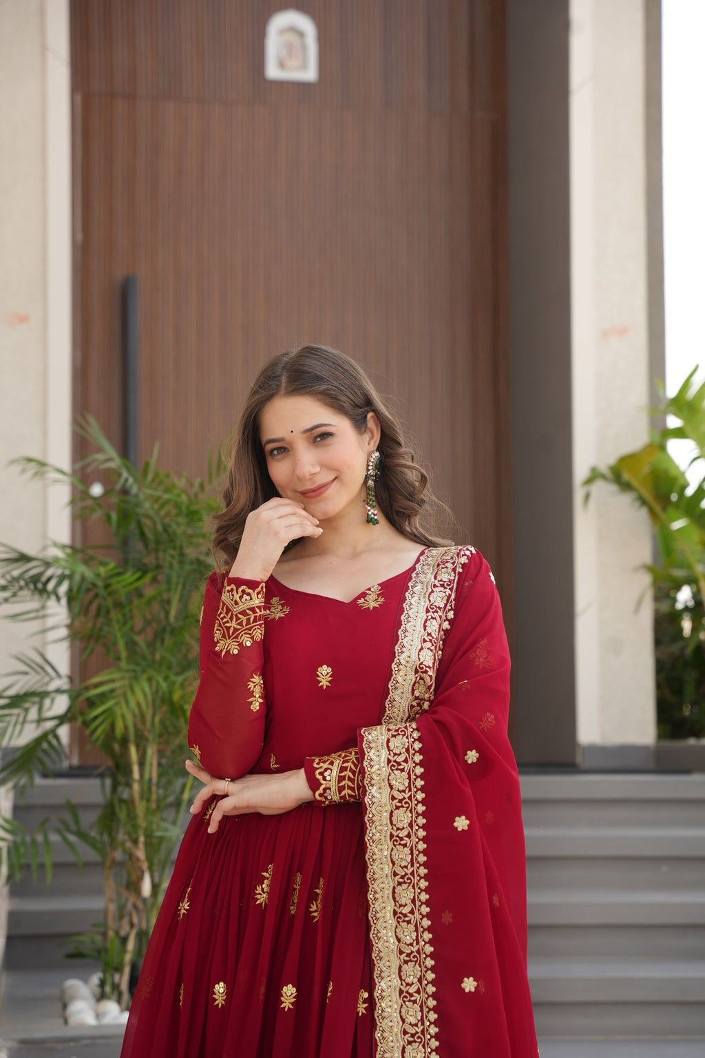 Maroon Faux Georgette Anarkali Gown with Zari and Sequins Work