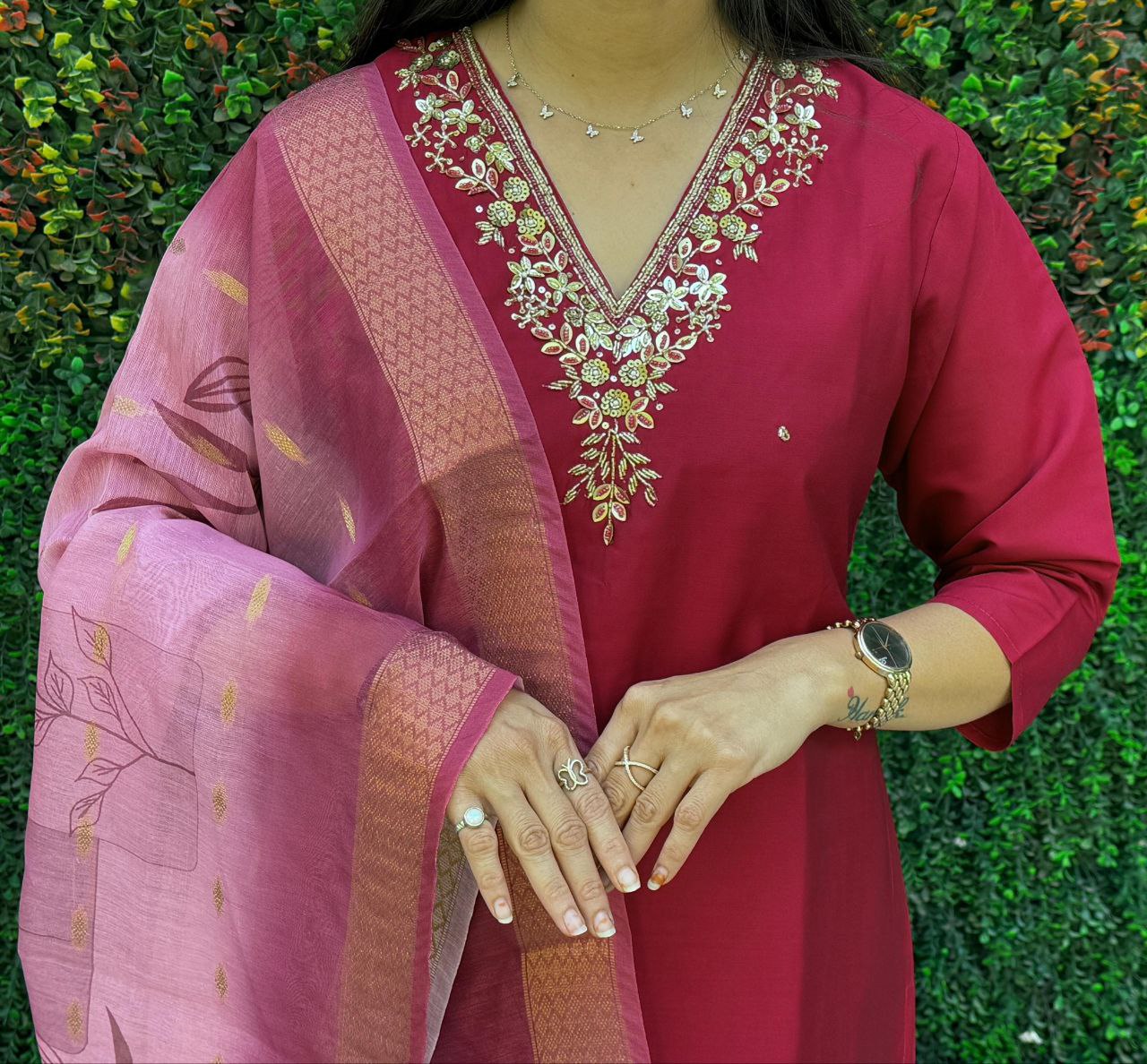 Maroon Roman Silk Kurta Set with Hand Work and Dupatta