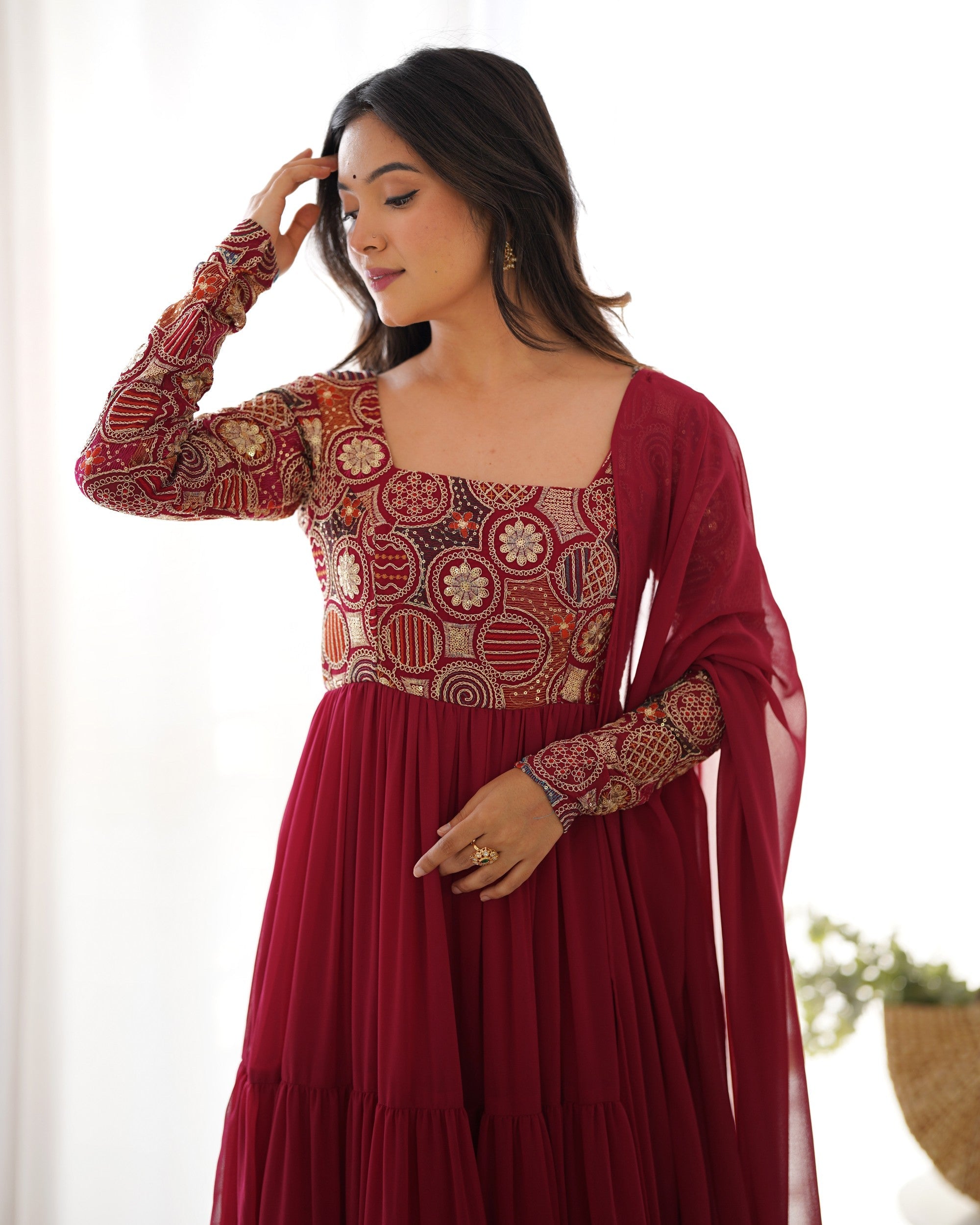Maroon Faux Georgette Anarkali Suit with 9 Needle Thread Embroidery