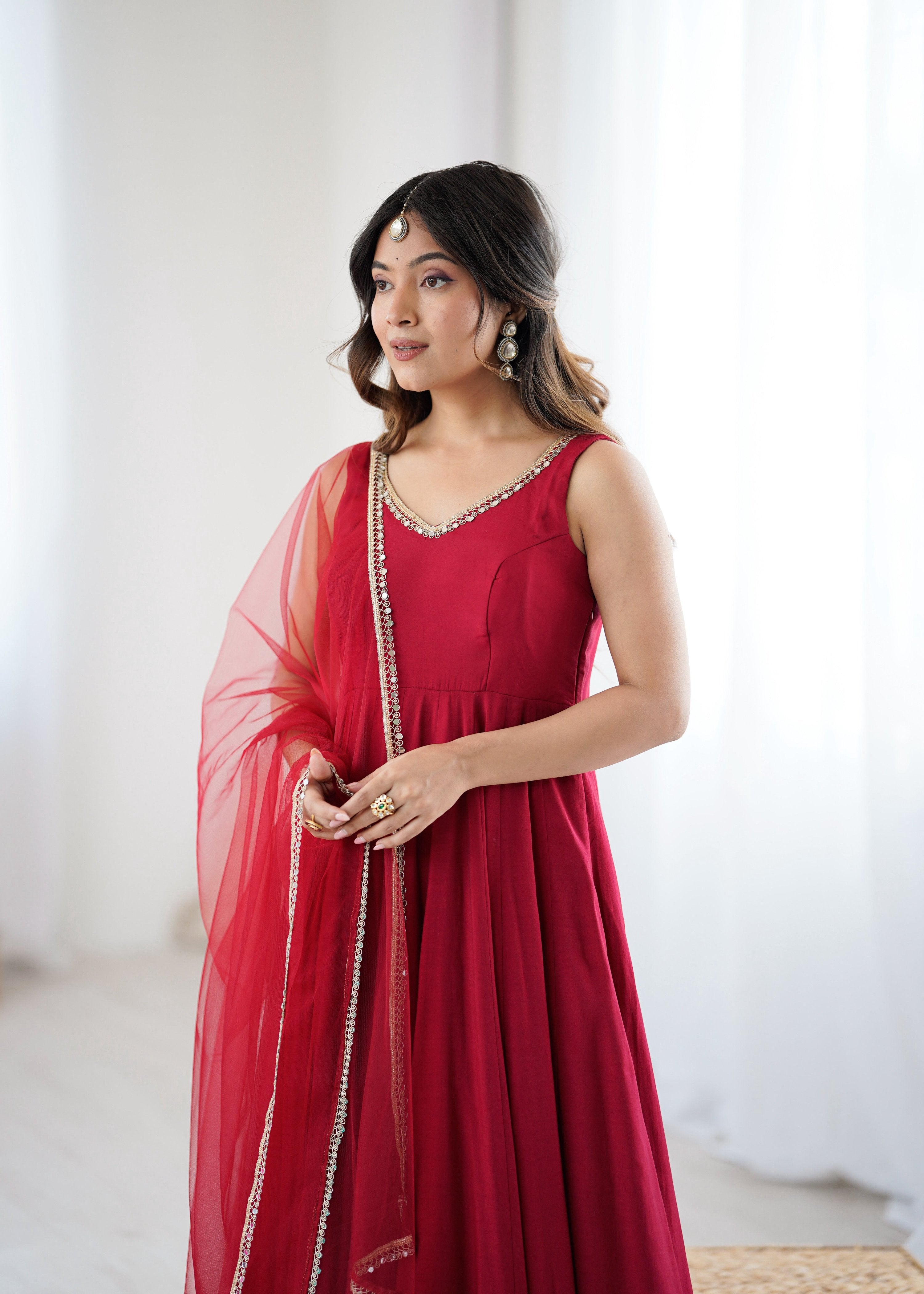 Lorenvalley Fashion Maroon Pure Romansilk Chanderi Fabric Yoke Fancy Lace Work Anarkali Kurta Pant With Dupatta Set
