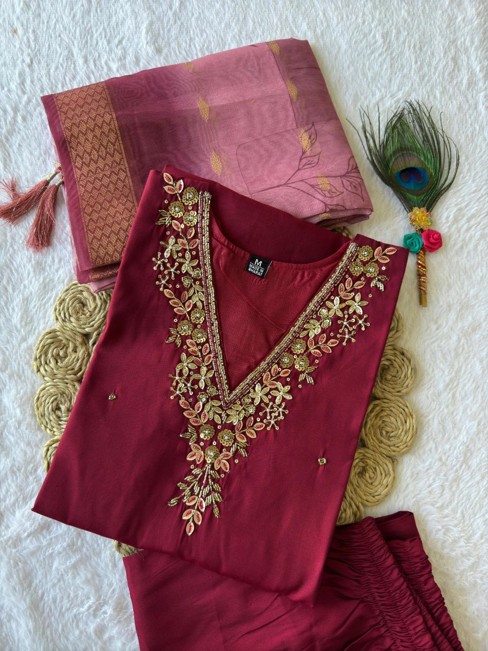 Maroon Roman Silk Kurta Set with Hand Work and Dupatta