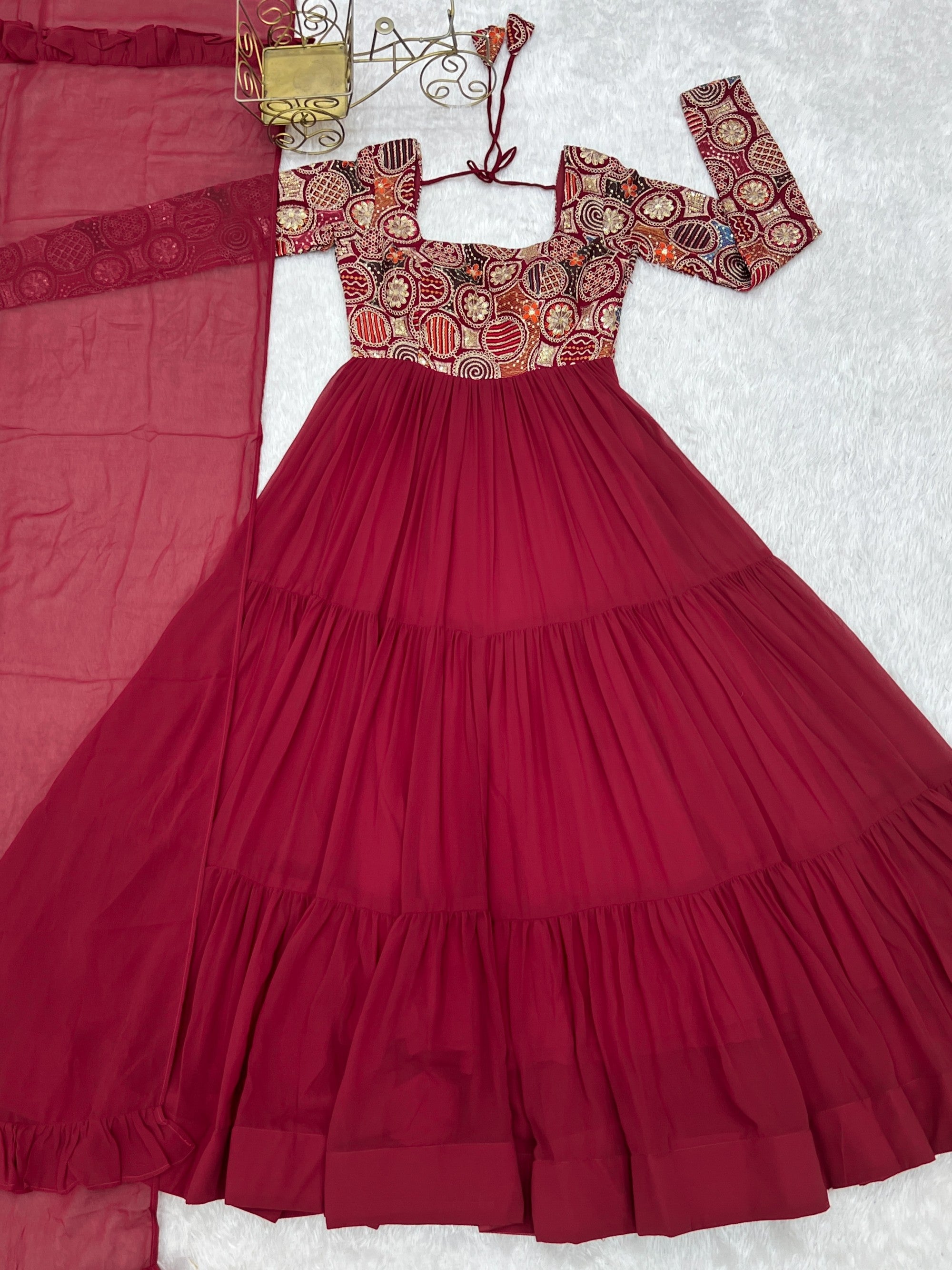 Maroon Faux Georgette Anarkali Suit with 9 Needle Thread Embroidery