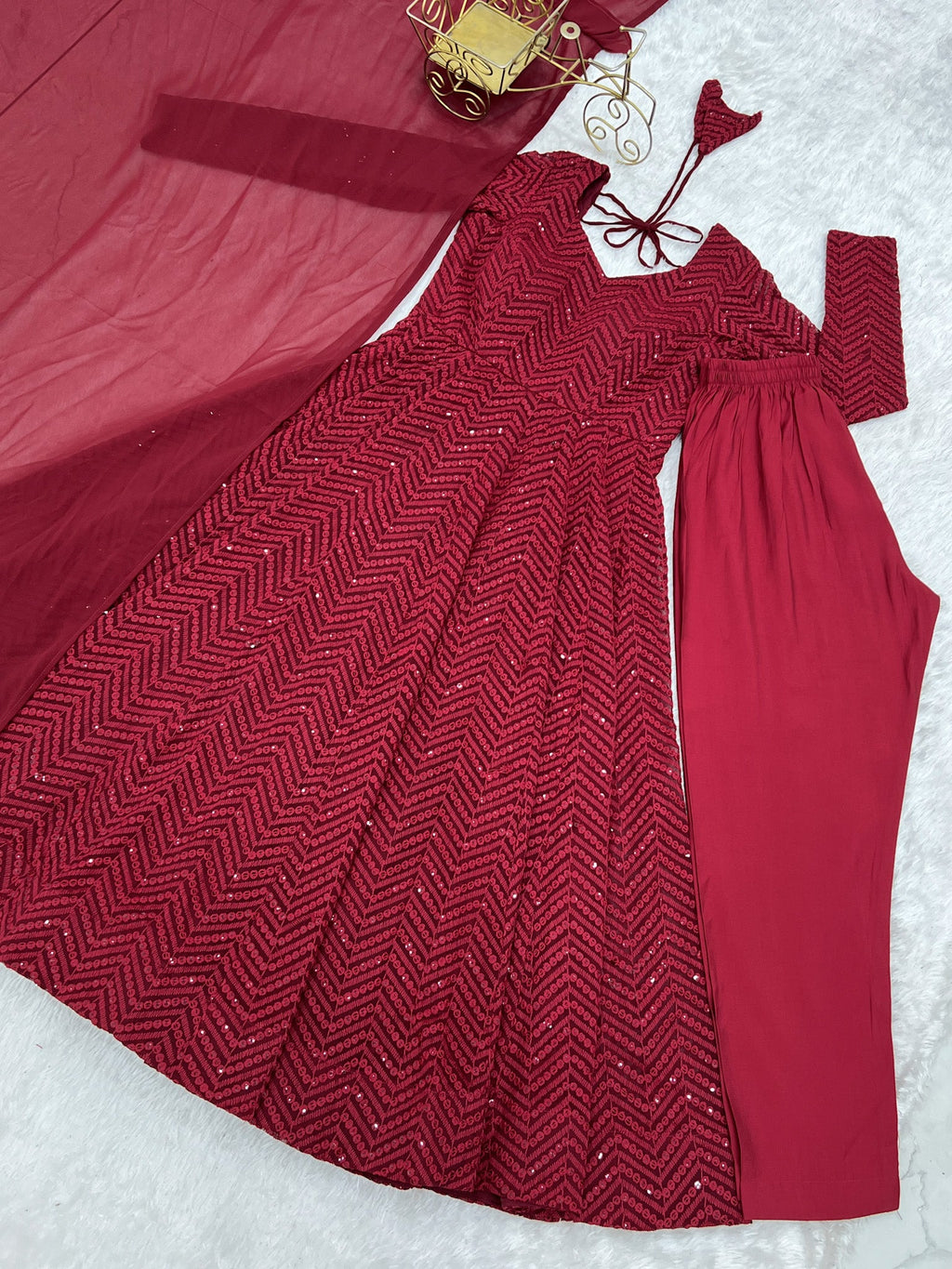Maroon Faux Georgette Lucknowi Sequence Anarkali Kurta Pant Set