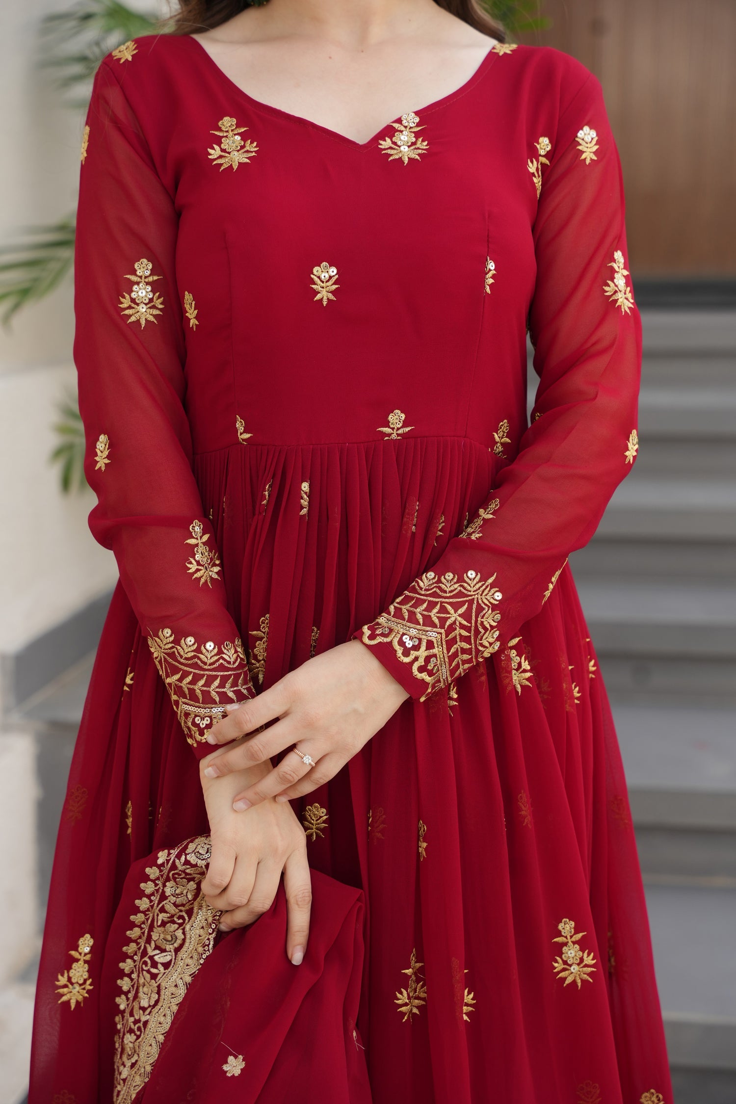 Maroon Faux Georgette Anarkali Gown with Zari and Sequins Work