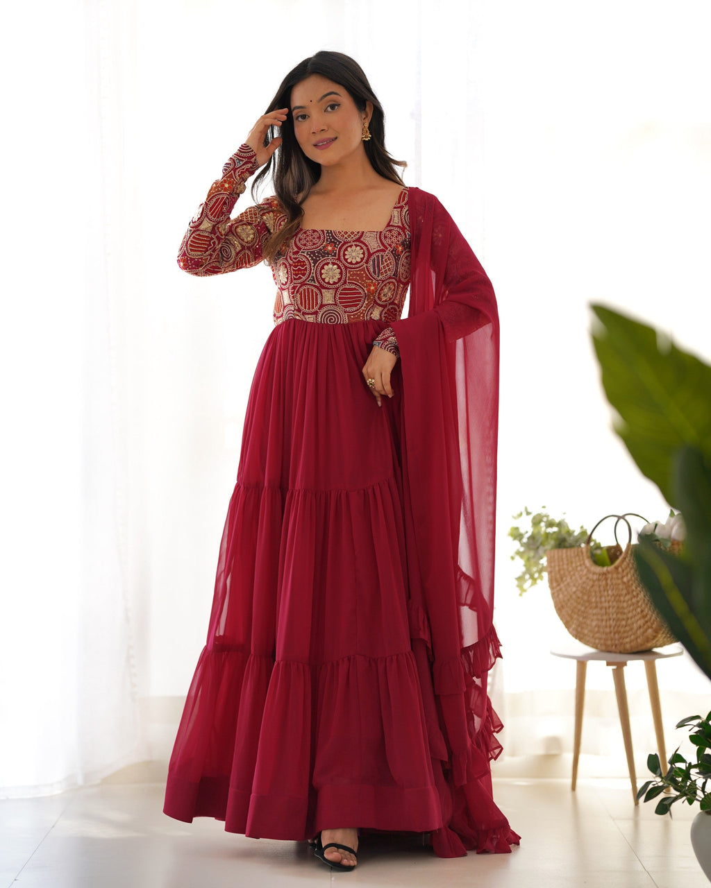 Maroon Faux Georgette Anarkali Suit with 9 Needle Thread Embroidery
