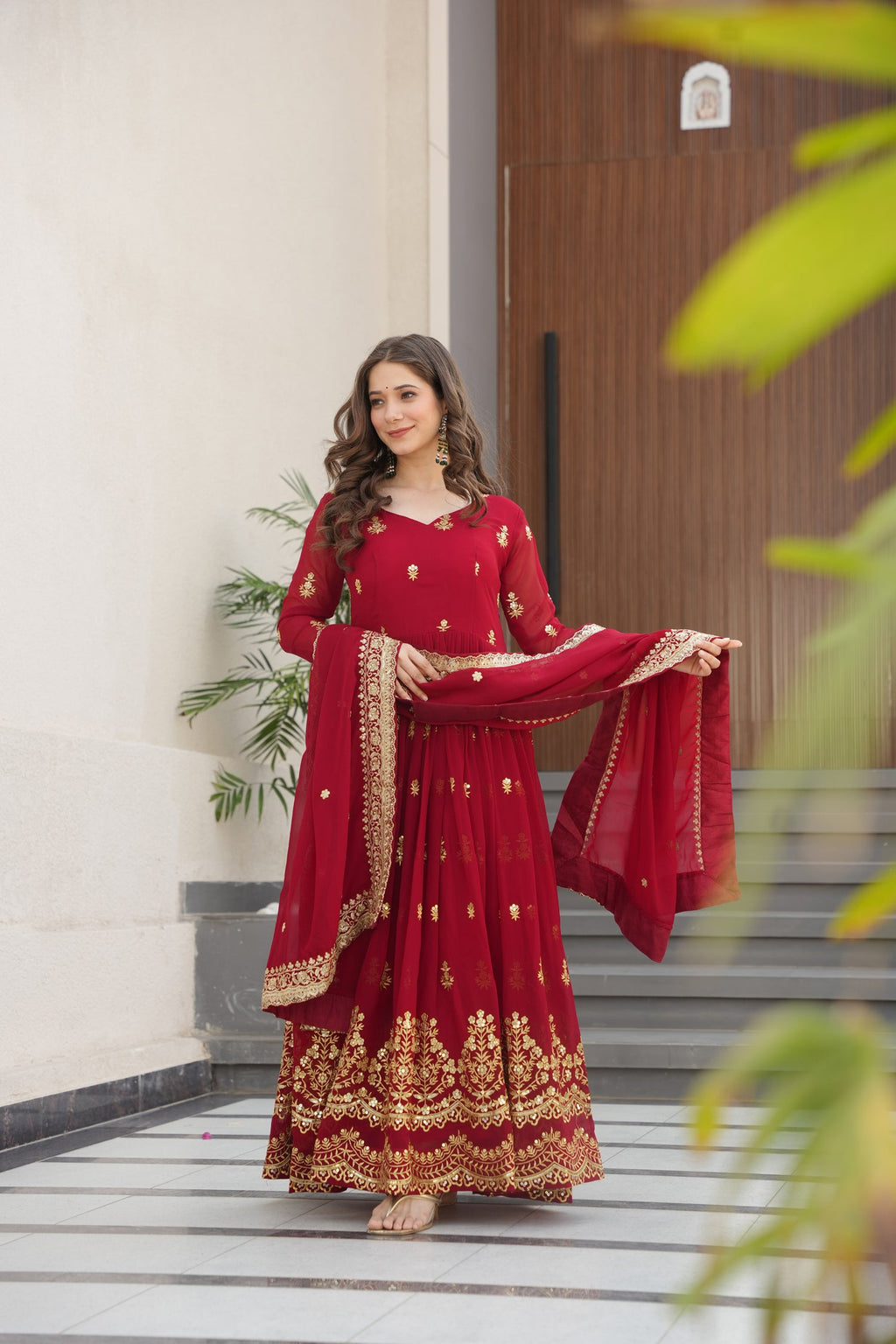 Maroon Faux Georgette Anarkali Gown with Zari and Sequins Work