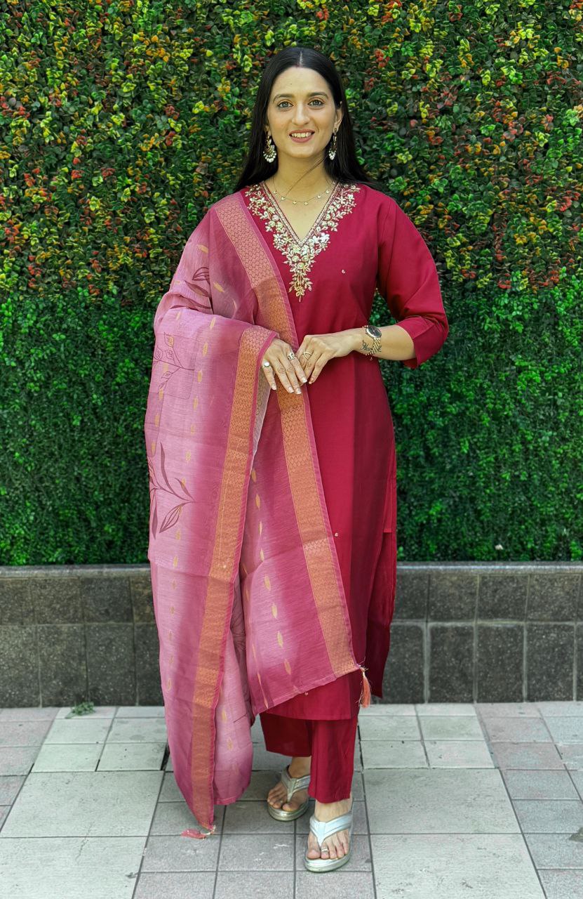 Maroon Roman Silk kurta set with intricate hand work and matching dupatta