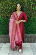 Maroon Roman Silk kurta set with intricate hand work and matching dupatta
