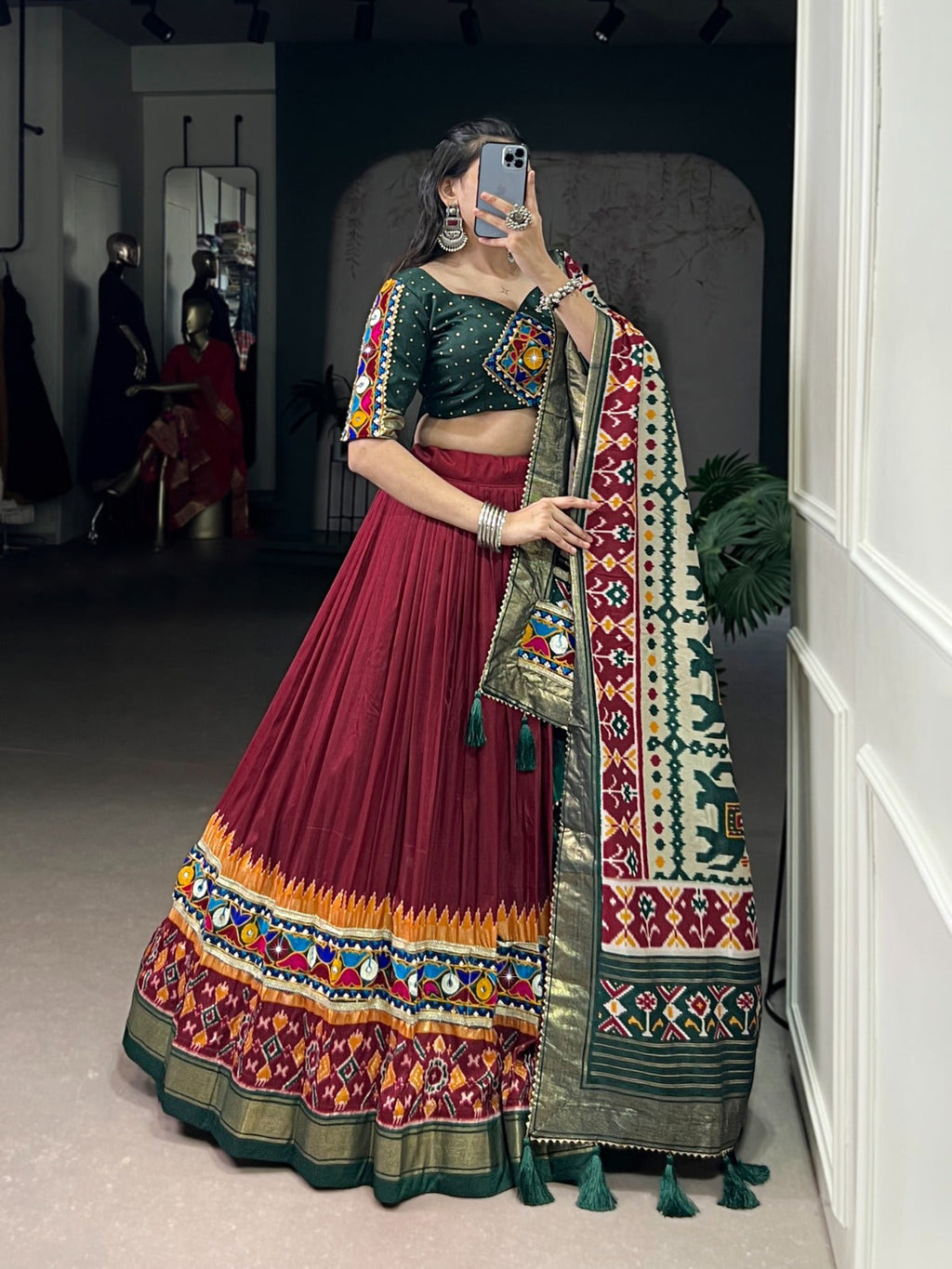 Maroon Tasar Silk Printed Lehenga Choli with Mirror & Foil Work