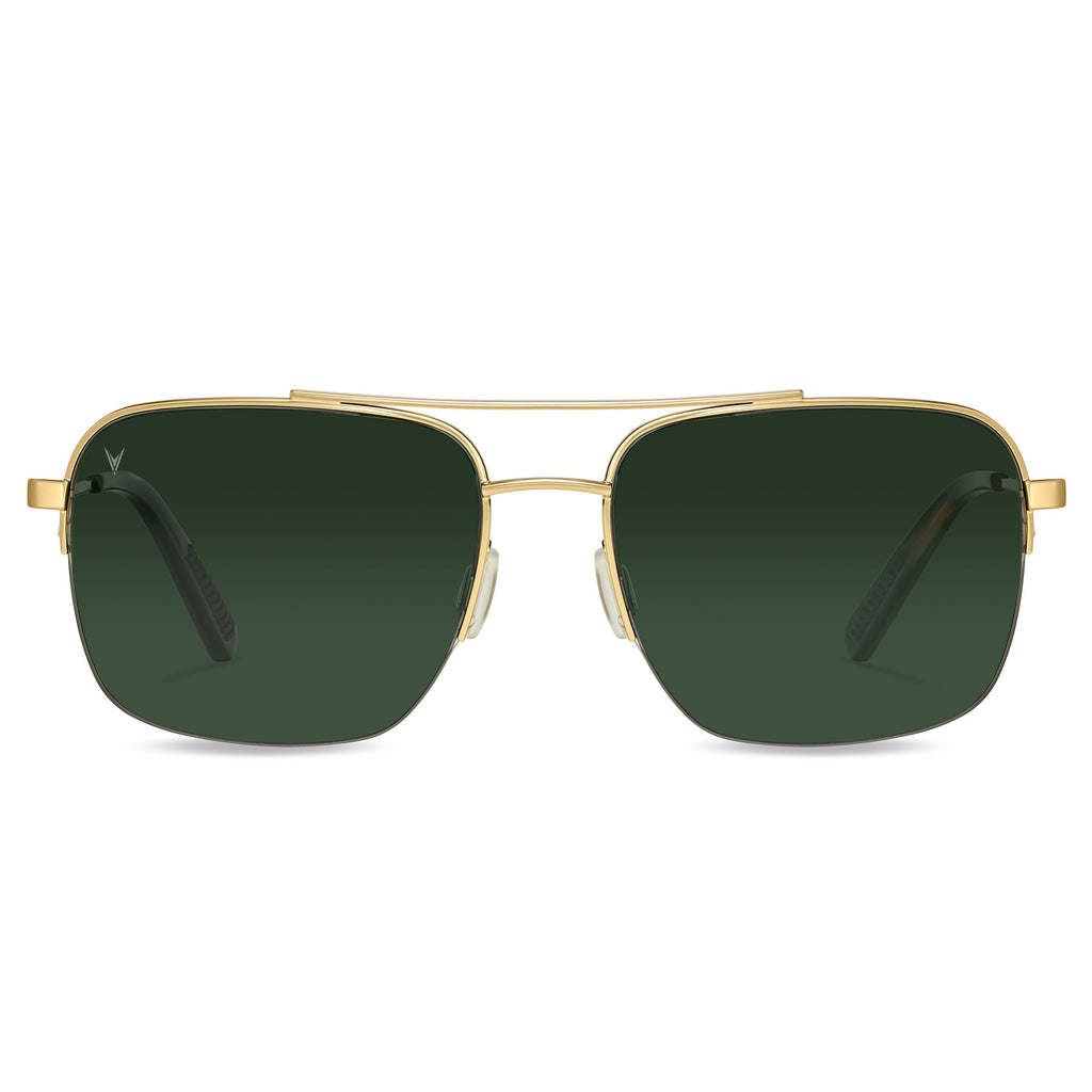 The Marshall sunglasses featuring a gold navigator frame and tinted lenses.