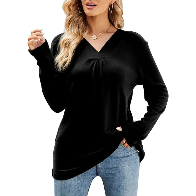 Women's Loose Fit V Neck Long Sleeve T-Shirt in Olive and Blue - Image 4