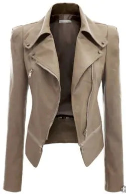 Women's Fitted Faux Leather Motorcycle Jacket with Zip Details - Image 17