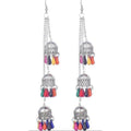 Triple hanging Kashmiri-style jhumka earrings with multicolor pearl accents
