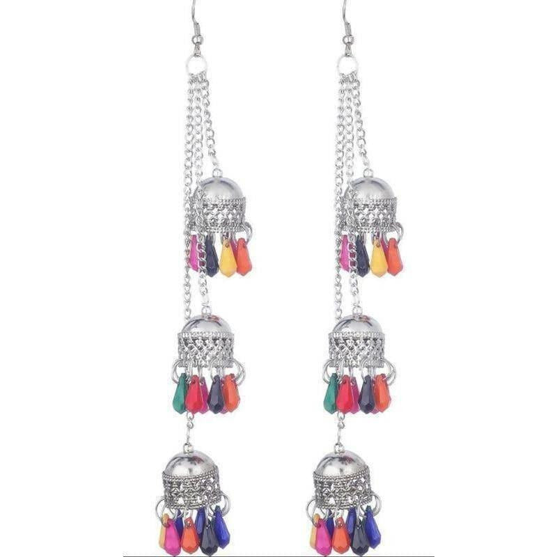 Triple hanging Kashmiri-style jhumka earrings with multicolor pearl accents