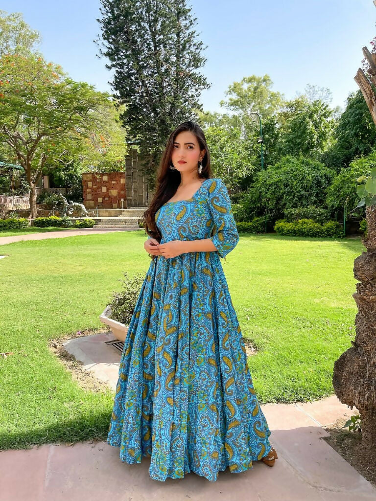 Turquoise Abstract Cotton Silk Anarkali Dress for Women