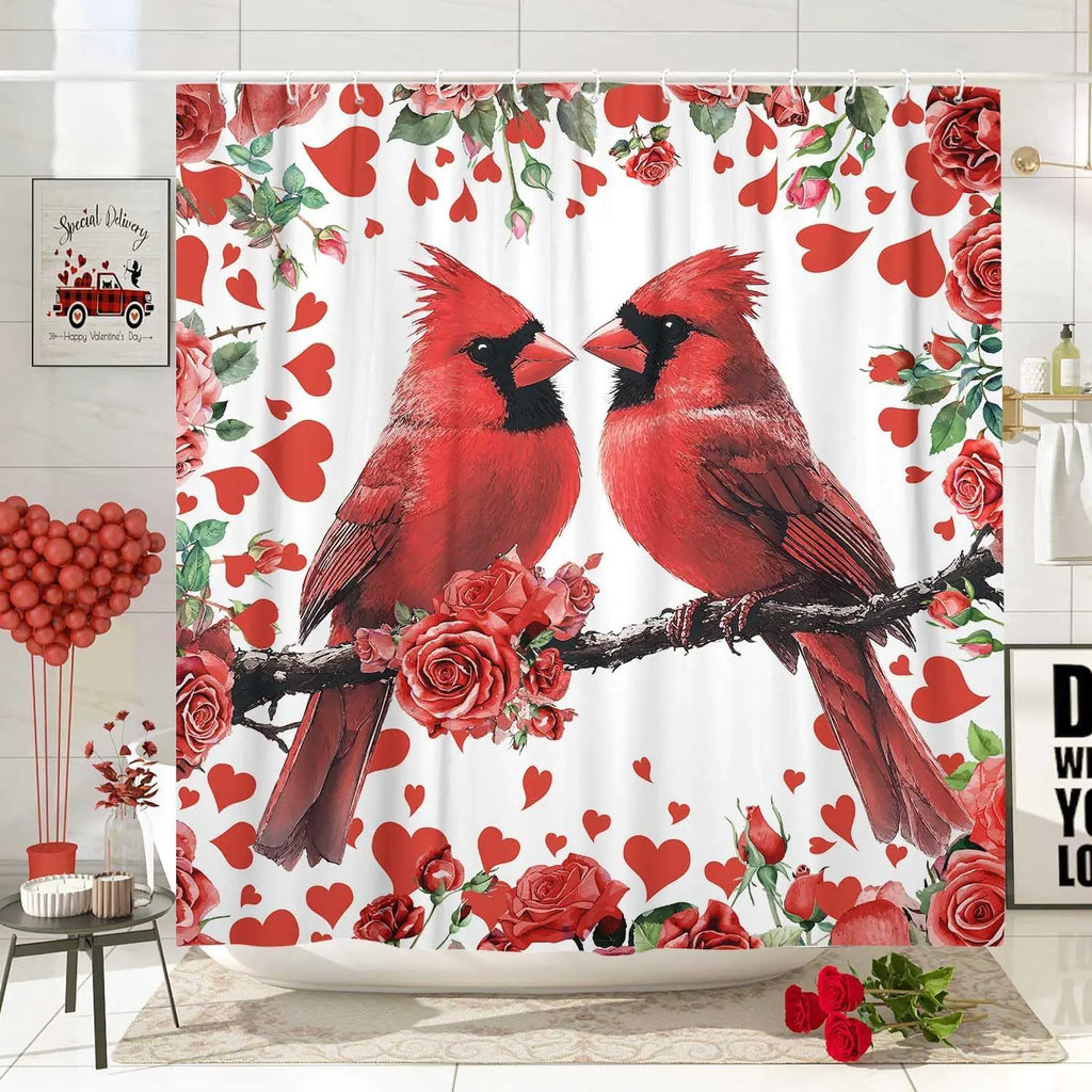 Valentines Shower Curtain Valentines Day Red Heart Cardinal Rose Valentines Day Curtain Bathroom Decor San Valentine Romantic Shower Curtain with Hooks Bathroom Accessories 70X84IN