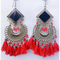 Long mirror work chandbali earrings with red pearls and silk threads