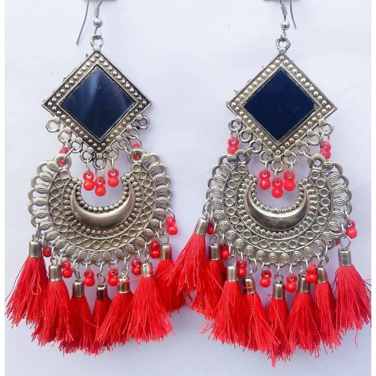 Long mirror work chandbali earrings with red pearls and silk threads