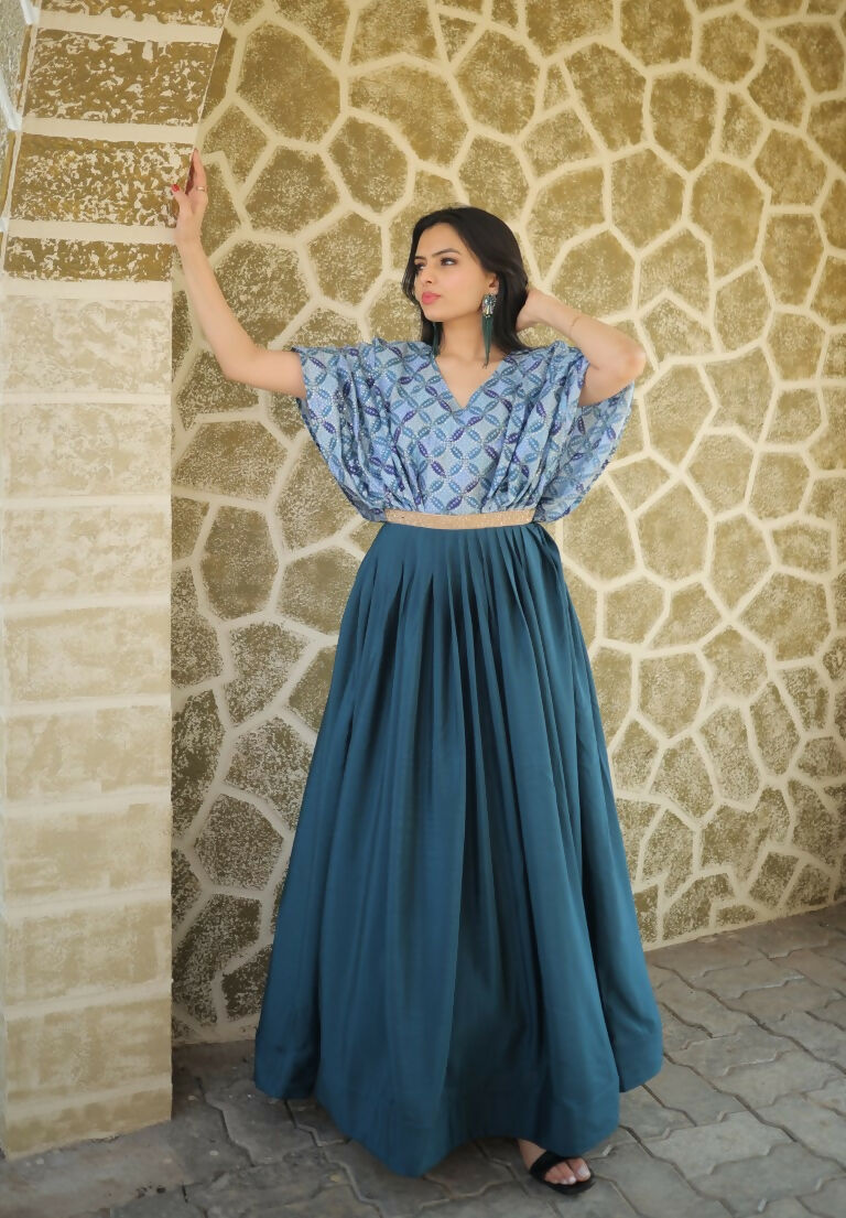 Teal Printed Chinon Anarkali Dress with Sequin Embellishments