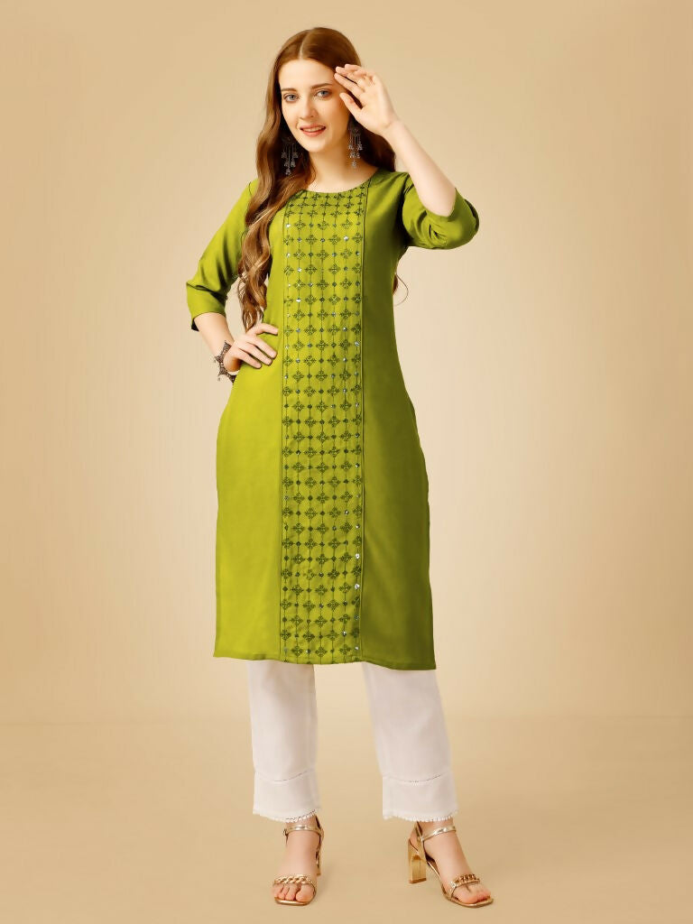 Women's Green Cotton Blend Embroidered Sequence Kurta Pant Set