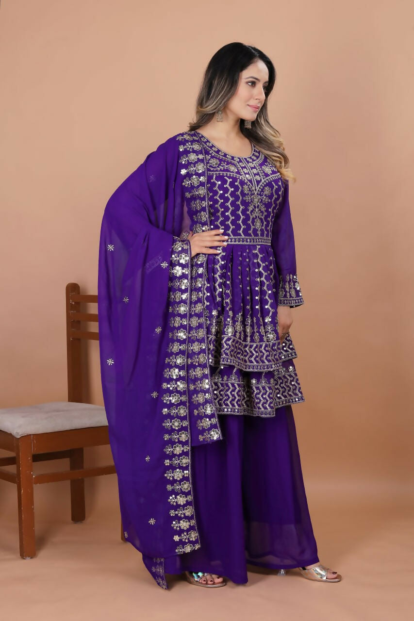 Purple Georgette Embroidered Sharara Set for Festive Occasions