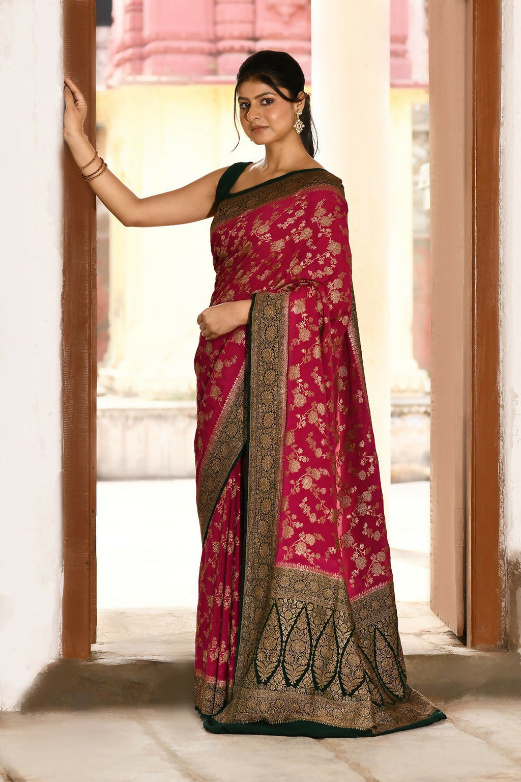 Hot Pink Handloom Banarasi Silk Saree in Crepe Chiffon